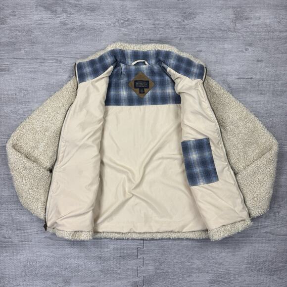 Pendleton Sherpa Fleece Wool Blend Jacket Women’s S Teddy Beige Plaid Contrast - Picture 4 of 13